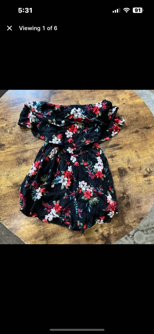 Hollister Women's Black Floral Off-Shoulder Ruffle Overlay Romper